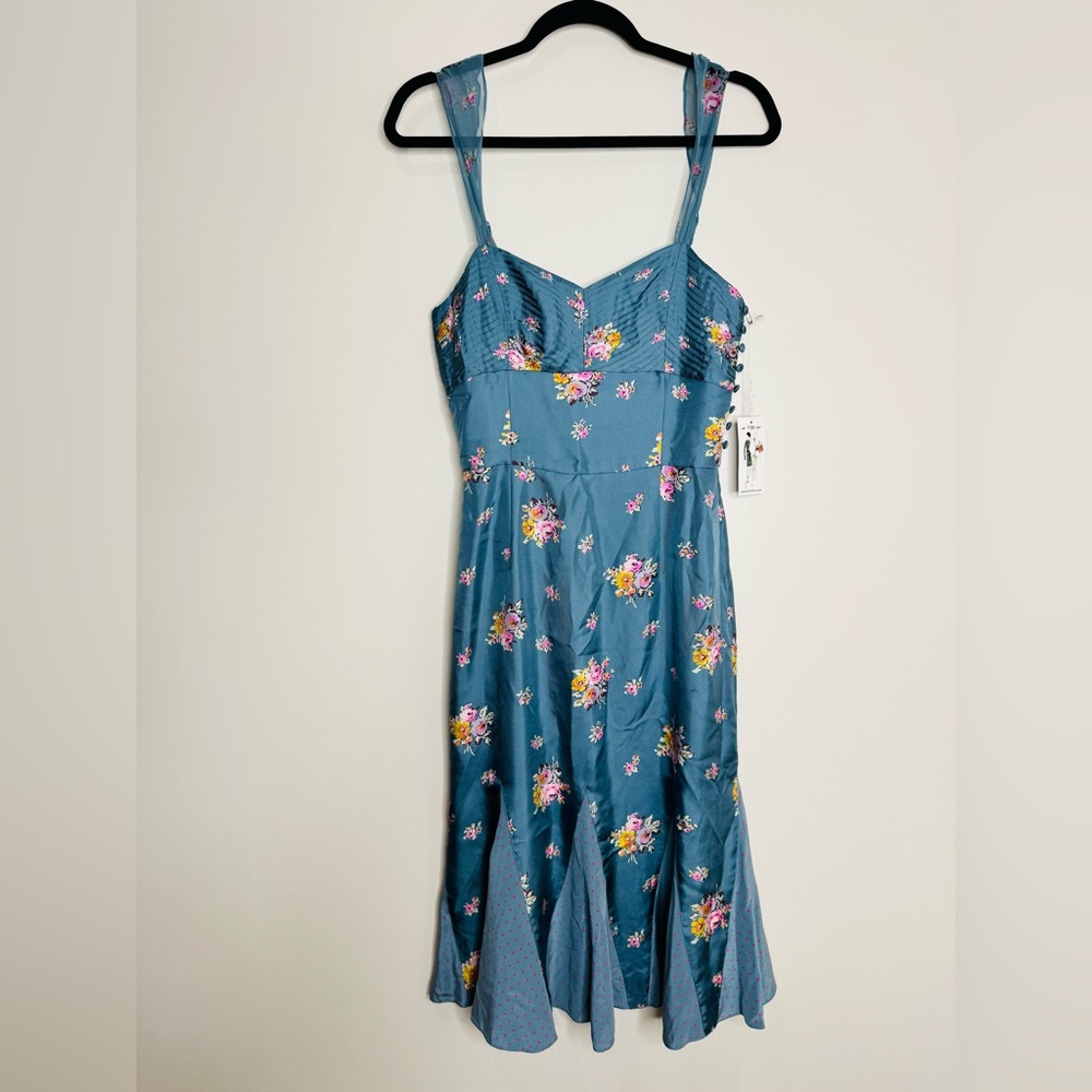 NWT Tibi Y2K 100% Silk Blue Pink Floral Print Bustier Paneled Skirt Polka Dots 2